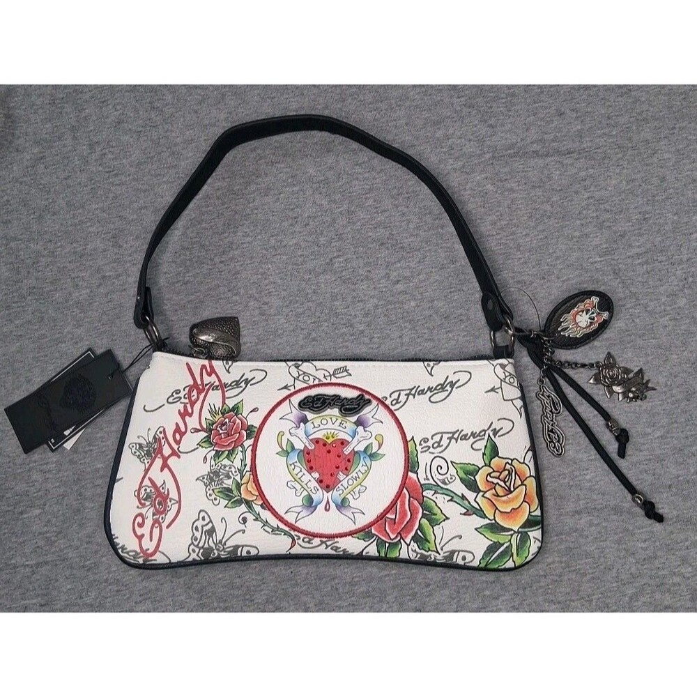 NWT Ed Hardy Shoulder Bag White Love Kills Slowly Roses Skulls